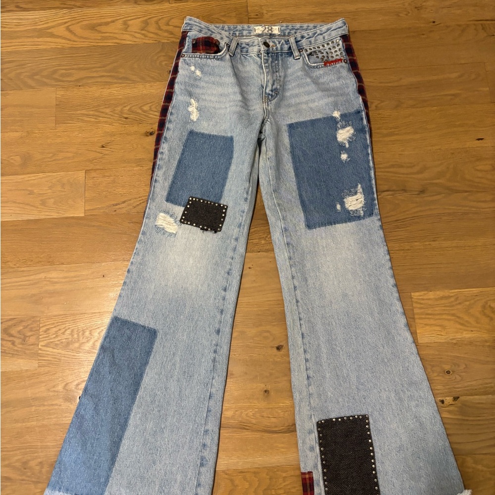 We The Free Light Blue Patchwork Flare Jeans